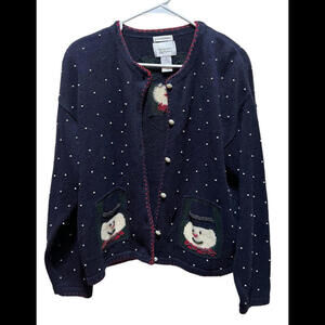 Vtg Christopher Banks Sweater Christmas Santa Snowman Snowflake‎ Navy Blue Large